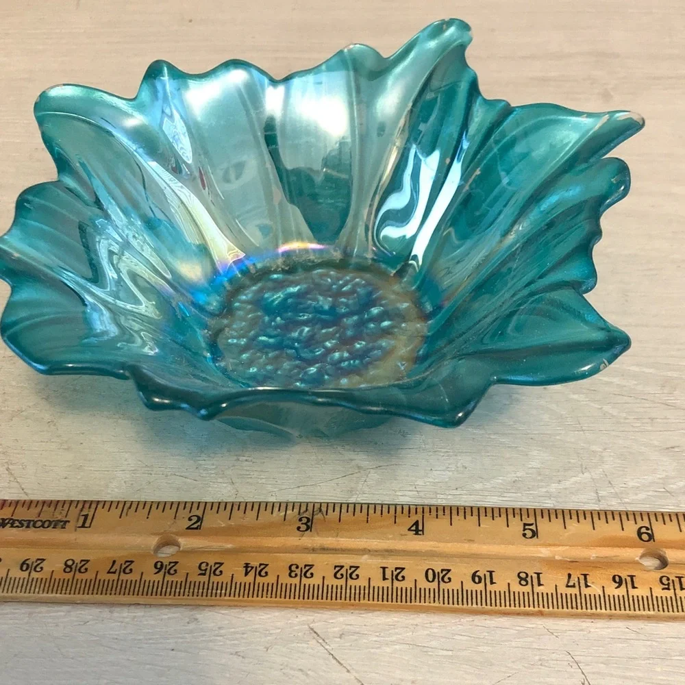 Akcam Turkish Bluish Green Carnival Glass Flower Bowl
